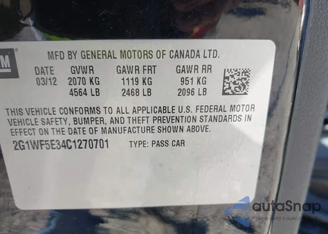 2012 Chevrolet Impala Ls from USA, damaged, VIN 2G1WF5E34C1270701